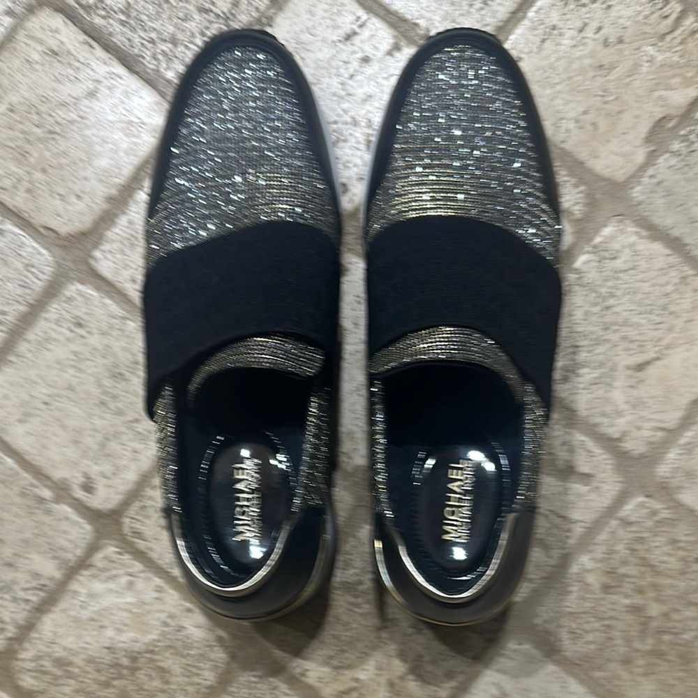 Michael Kors Black and Metallic Glitter Slip-On Loafers - Picture 1 of 6